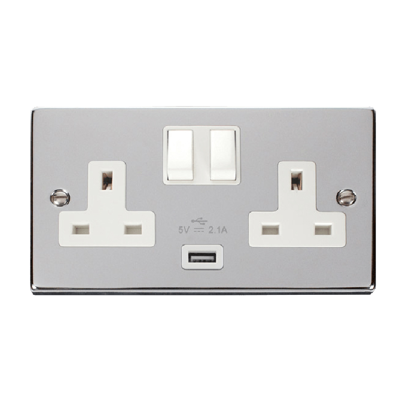 Click Deco 13A 2G Switched Socket With USB Outlet Polished Chrome Insert White