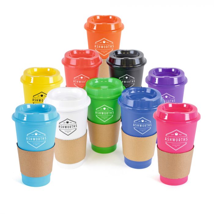 Cafe 500Ml Single Wall Plastic Mug With Matching Lid And Card Grip