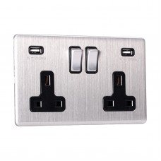 13A Switched Sockets, 2 Gang, with 3.1A USB outlets, wall fitting SLM2320