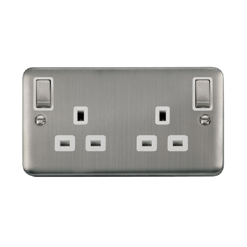 Click Deco Plus 13A Ingot 2G DP Switched Socket Outlet With Outboard Rockers Stainless Steel Grey Inserts