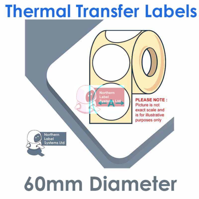 060DIATTNPW1-1000, 60mm Diameter Circle, Permanent Adhesive, Thermal Transfer Labels, 1000 per roll, FOR SMALL DESKTOP LABEL PRINTERS