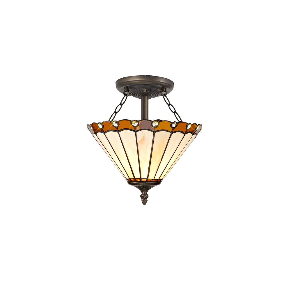 Luxuria Sleek 2 Light Semi Flush E27 With 30cm Tiffany Shade Amber/Cream/Crystal/Aged Antique Brass