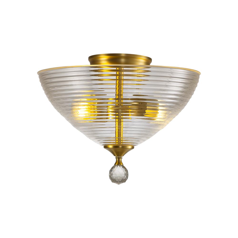 Luxuria Sirius Flush Ceiling Light 2xE27 With Round 33.5cm Prismatic Effect Glass Shade Satin Gold/Clear