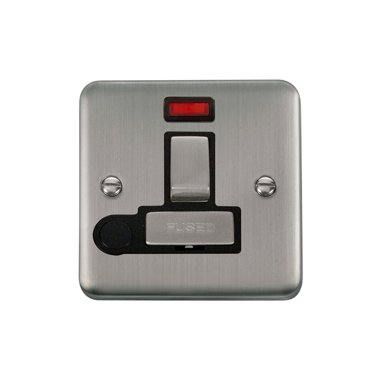 Click Deco Plus Switched Fused Spur Stainless Steel Black Inserts Neon Light + Flex Outlet