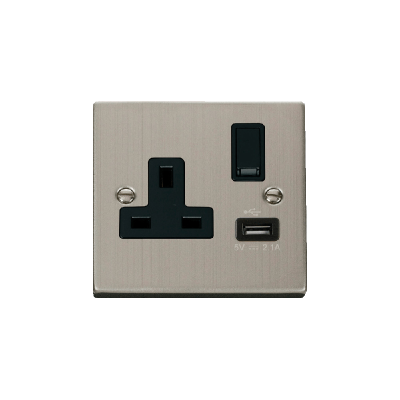 Click Deco 13A 1G Switched Socket Outlet With USB Outlet Stainless Steel Insert Black