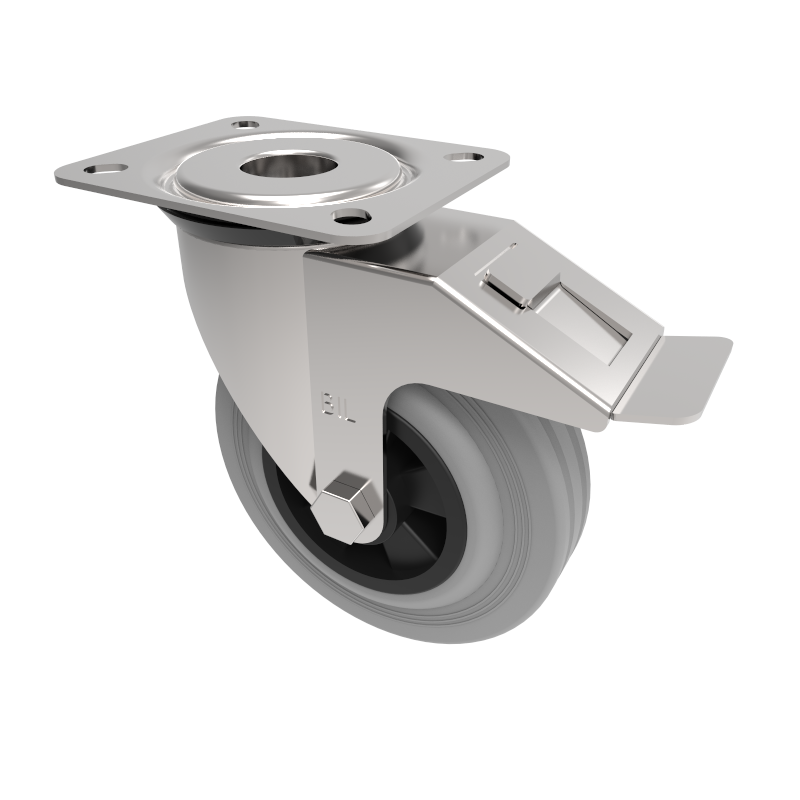 Grey Rubber Polypropylene Plate Swivel Castor Brake 125mm 90kg Load