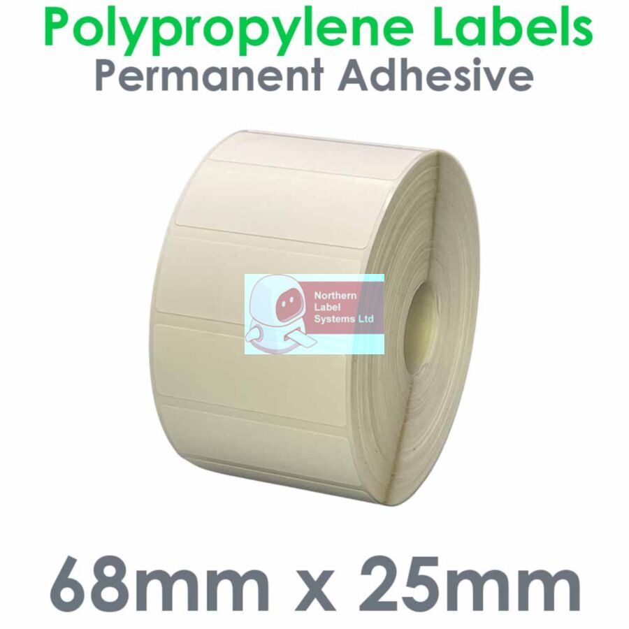 068025MPNPW1-2000PE, 68mm x 25mm Matt White Polypropylene Label, Permanent Adhesive, FOR SMALL DESKTOP LABEL PRINTERS