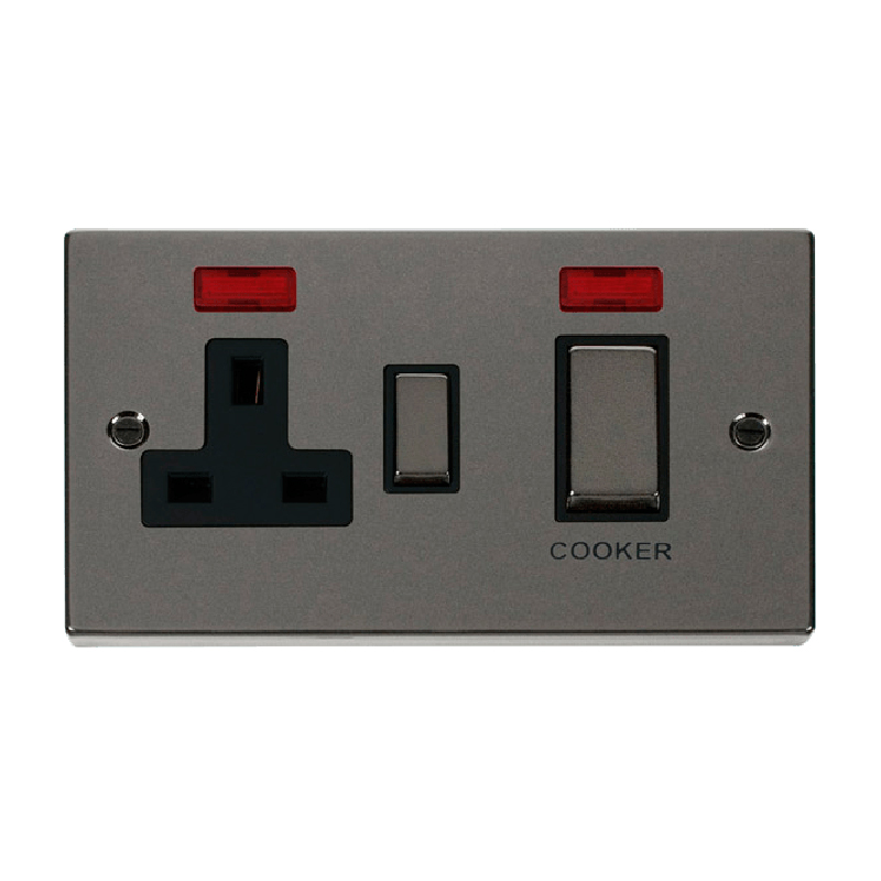 Click Deco 45A Ingot DP Switch with 13A Switched Socket and Neons Black Nickel Insert Black