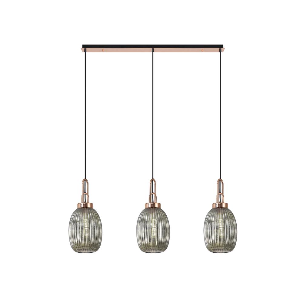 Luxuria Kennith Linear 3 Light Pendant E27 With 20cm Almond Ribbed Glass Smoked Copper/Matt Black