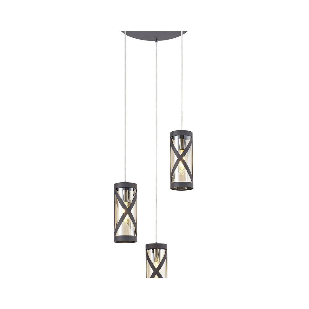 Luxuria Luminex 32cm 3 Light Round Pendant E14 Matt Grey/Polished Chrome/Cognac