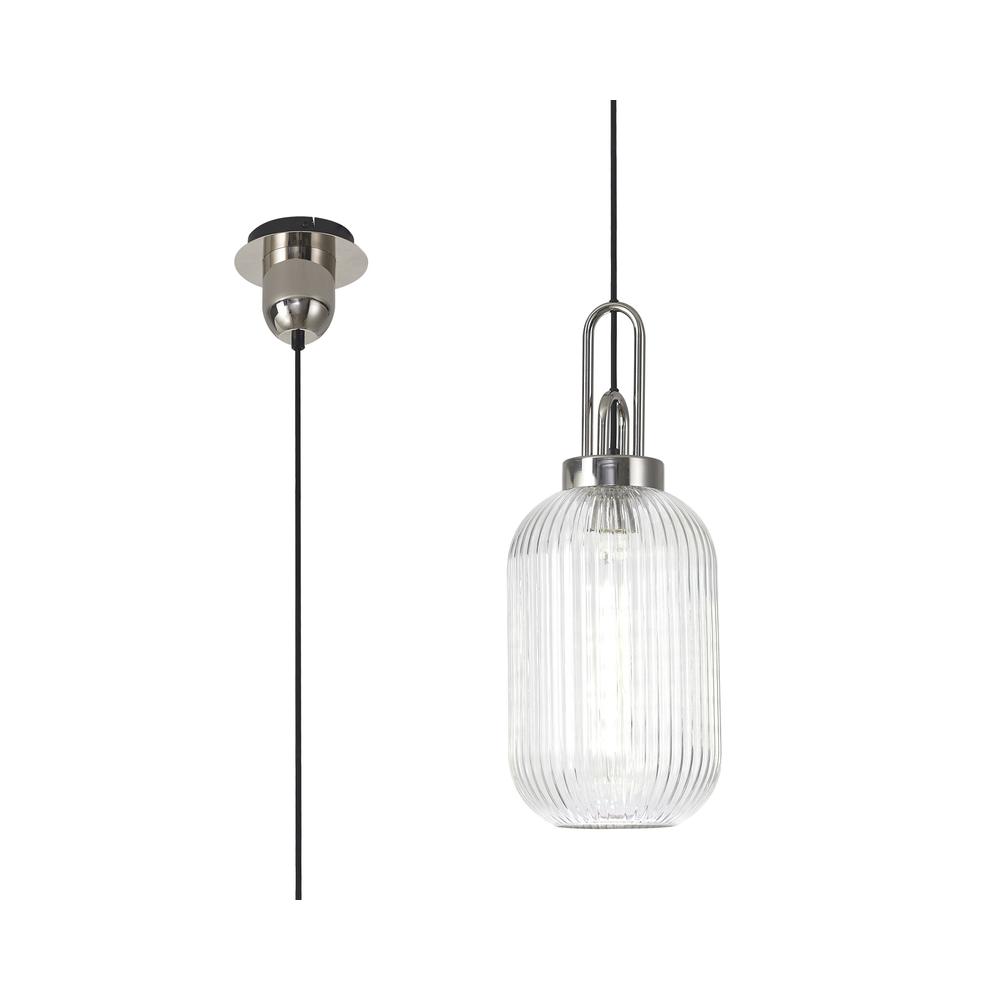 Luxuria Kennith Pendant Light E27 With 20cm Tubular Ribbed Glass Clear Polished Nickel/Matt Black