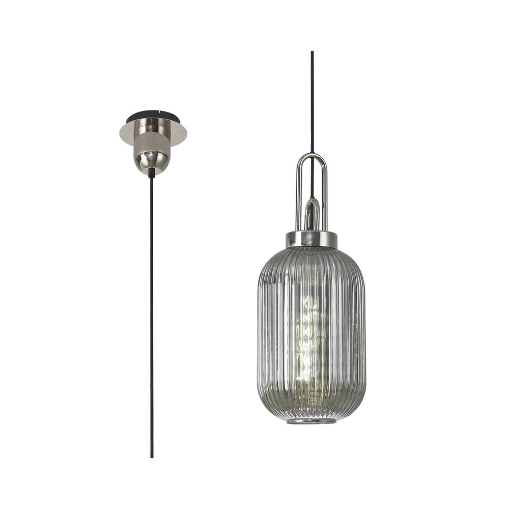 Luxuria Kennith Pendant Light E27 With 20cm Tubular Ribbed Glass Smoked Polished Nickel/Matt Black