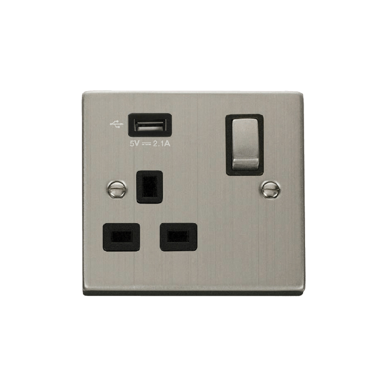 Click Deco 13A Ingot 1G Switched Socket With Single 2.1A USB Outlet Stainless Steel Insert Black