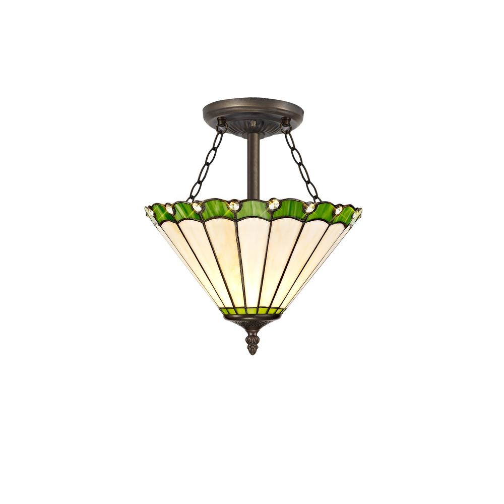 Luxuria Sleek 3 Light Semi Flush E27 With 30cm Tiffany Shade Green/Cream/Crystal/Aged Antique Brass