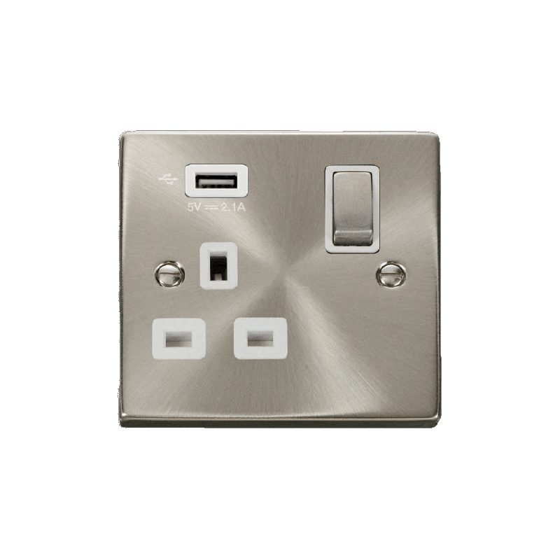 Click Deco 13A Ingot 1G Switched Socket With Single 2.1A USB Outlet Satin Chrome Insert White