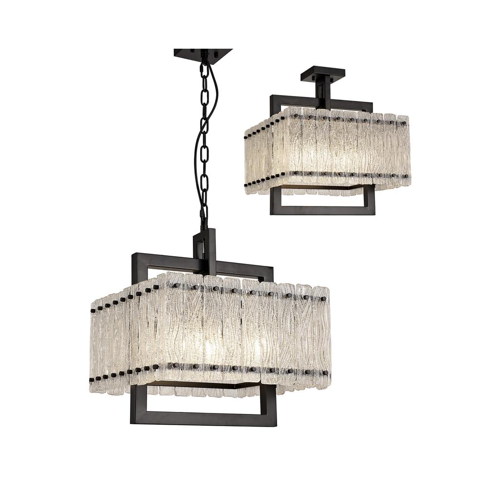 Luxuria Nebula Large Square Pendant/Semi Flush 5 Light E27 Matt Black/Crystal Sand Glass