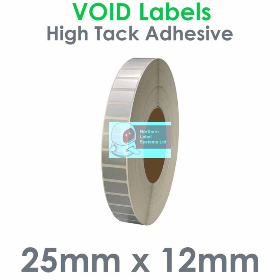 025012VDNPS1-10000, 25mm x 12mm Matt Silver VOID Label, Permanent Adhesive, FOR LARGER LABEL PRINTERS