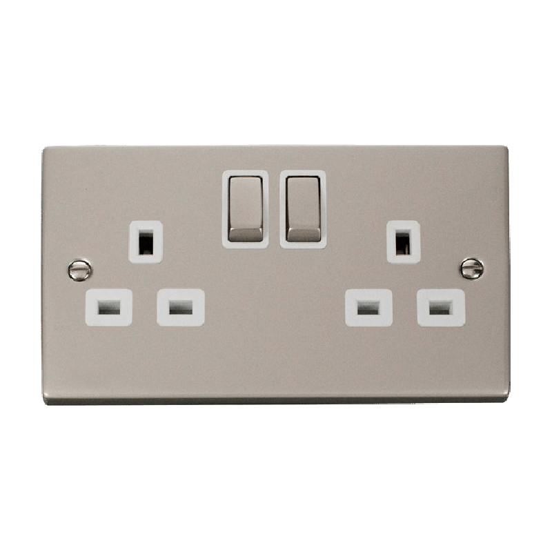 Click Deco 2 Gang 13A DP 'Ingot' Switched Socket Outlet (Twin Earth) Pearl Nickel Insert White