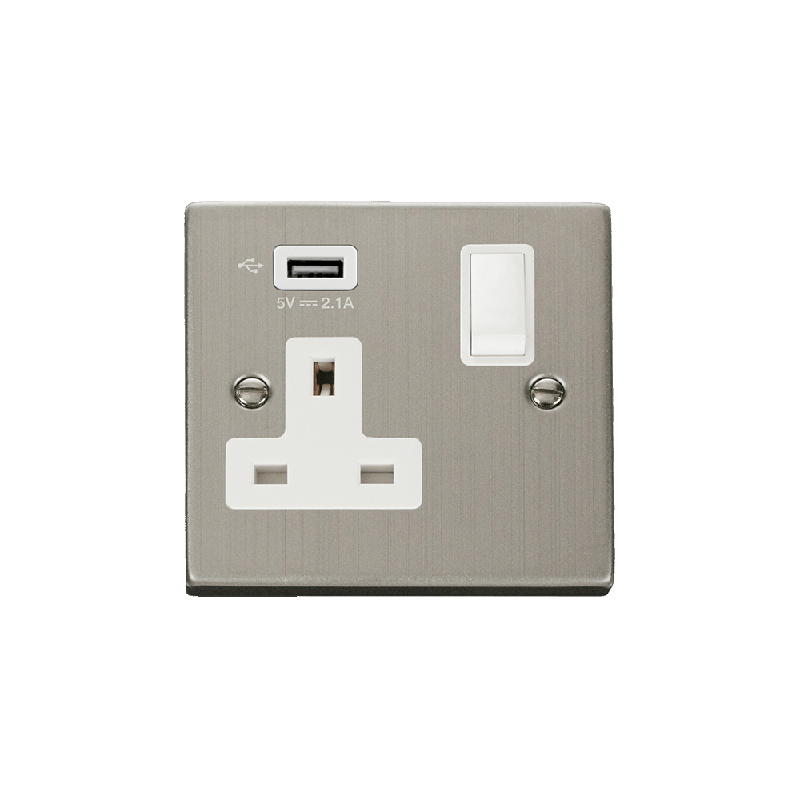 Click Deco 13A 1G Switched Socket with Single 2.1A USB Stainless Steel Insert White