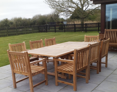 Suppliers of Rectangular Teak Extending Table Set with Southwold Arm Chairs UK