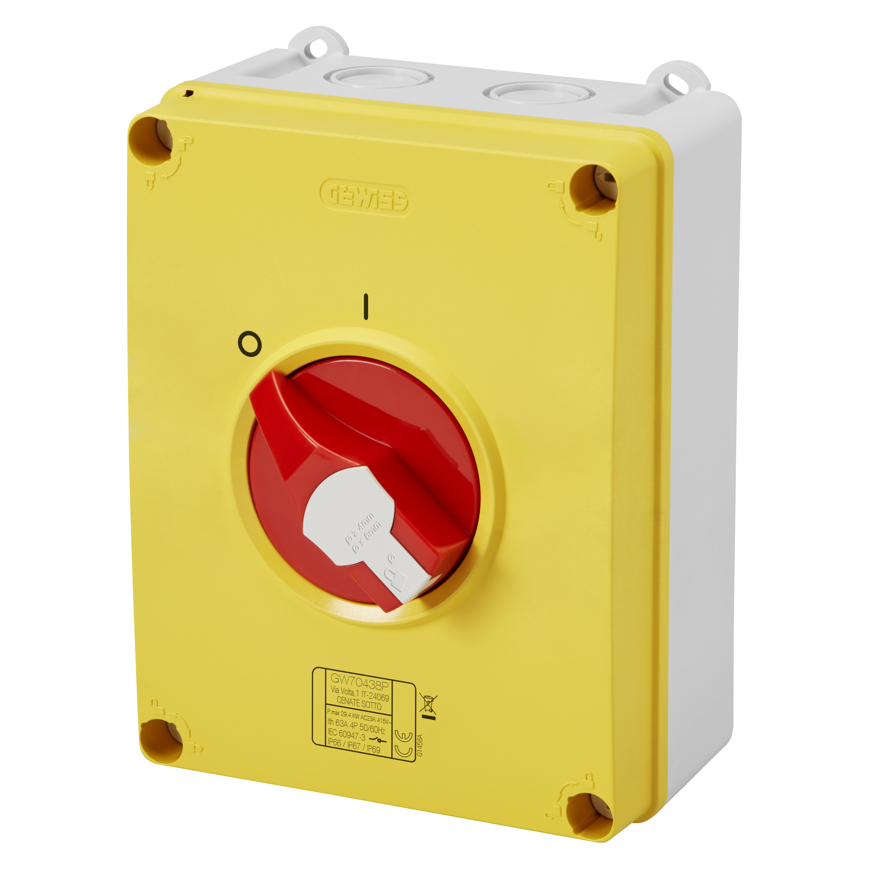 GW70438P Isolator - HP - Emergency - Isolating Material Box - 63A 4P - Lockable Red Knob - IP66/67/69