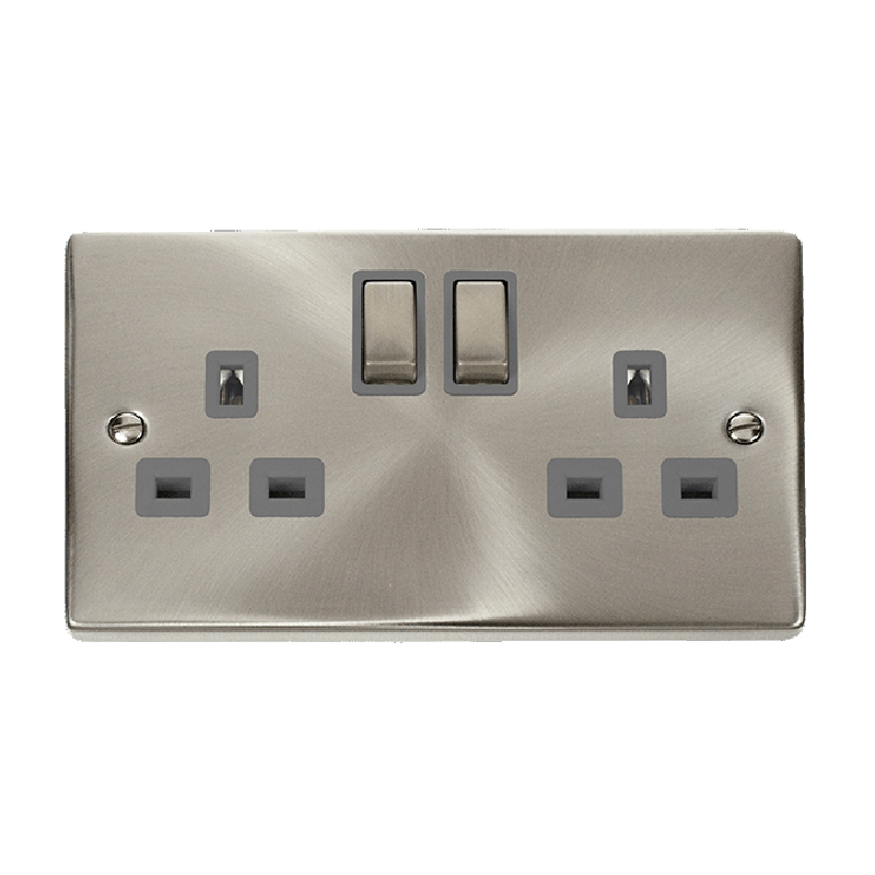 Click Deco 2 Gang 13A DP 'Ingot' Switched Socket Outlet (Twin Earth) Satin Chrome Insert Grey