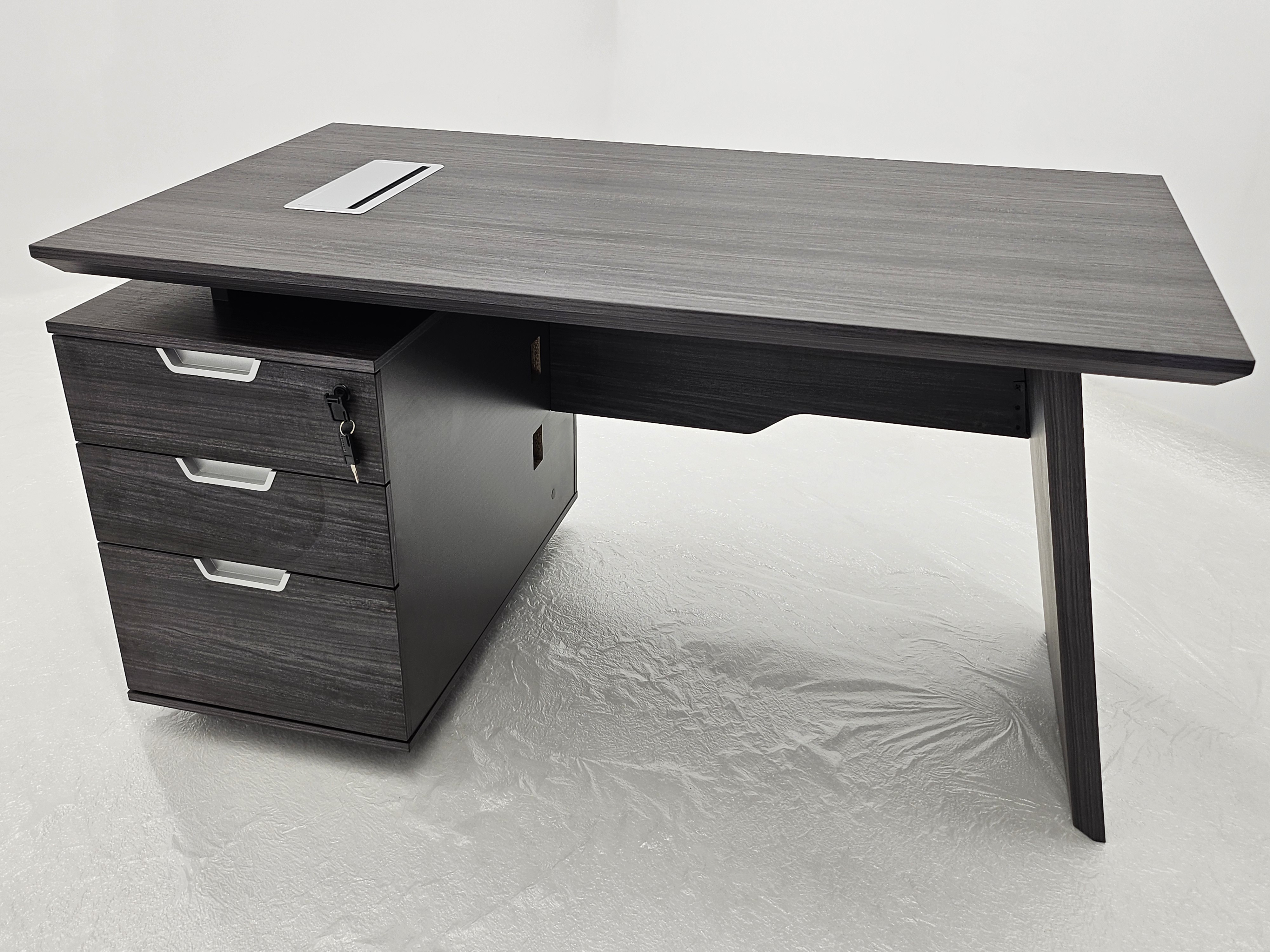 Modern Grey Oak Veneer Executive Office Desk with Built in Pedestal and Inclined Leg - 1400mm - DG19-S-D14 UK