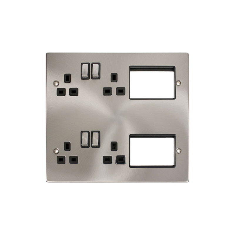 Click New Media 4 x 13A DP Switched Socket Outlets Front Plate Satin Chrome With Insert Black