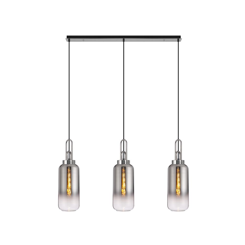 Luxuria Kennith Linear 3 Light Pendant E27 With 16cm Cylinder Glass Smoked/Clear Polished Nickel/Matt Black