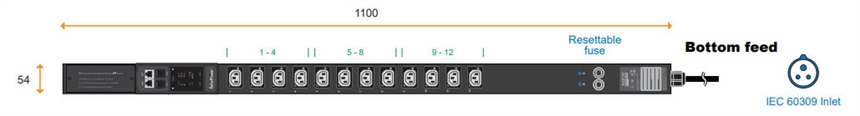 V12C13-32A-WS/F_EN/3B-1 Austin Hughes PDU Socket Switched, Strip Monitored, Vertical, 12 x C13 Skts, 32A, 3m cord with 60309 plug