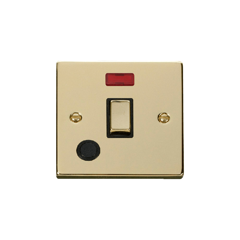 Click Deco 20A 1 Gang DP 'Ingot' Switch With Flex Outlet and Neon Polished Brass Insert Black