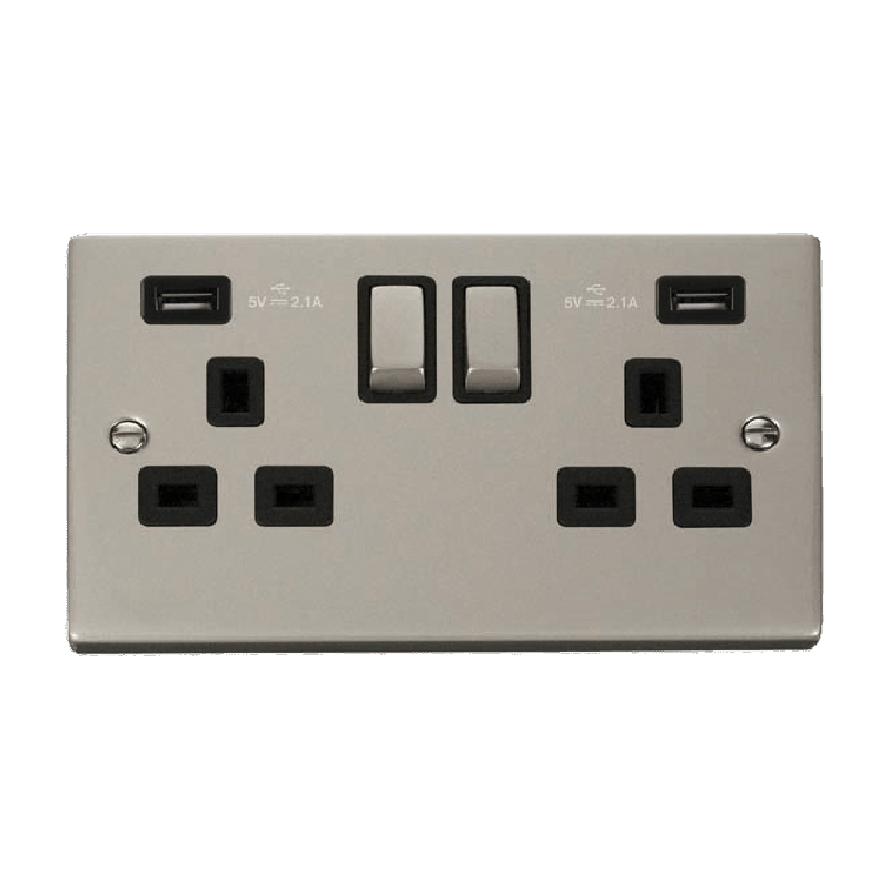 Click Deco 13A Ingot 2G Switched Socket With Twin USB 4.2A Outlets Pearl Nickel Insert Black