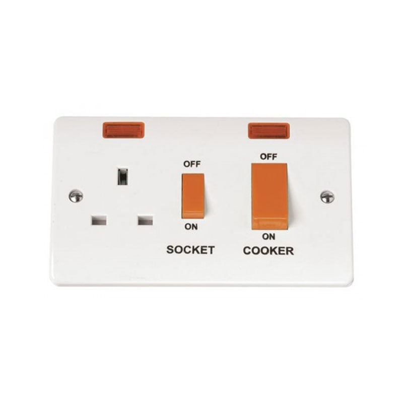 Click 45A Cooker Switch With 13A Switched Socket And Neons White PVC