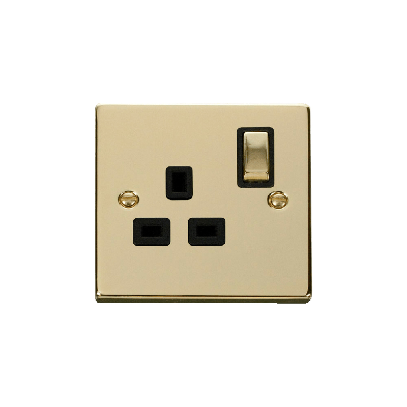 Click Deco 1 Gang 13A DP 'Ingot' Switched Socket Outlet Polished Brass Insert Black