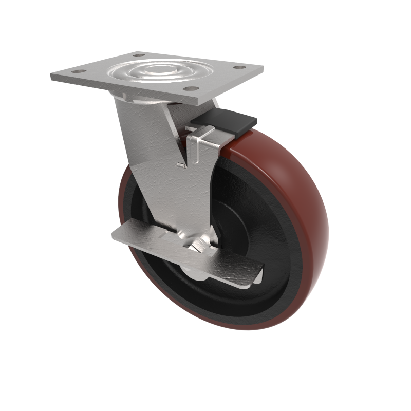 Polyurethane Cast Iron Plate Swivel Castor Brake 200mm 600kg Load