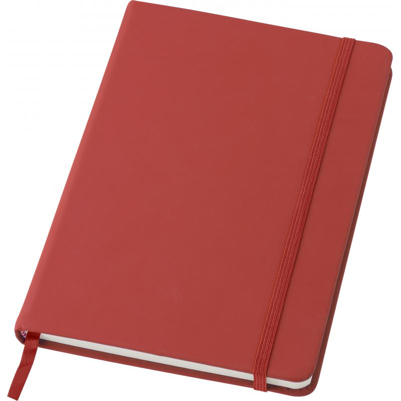 PU notebook, approximately A5. With 96 blank pages, an elastic strap for closing and a ribbon bookmark.