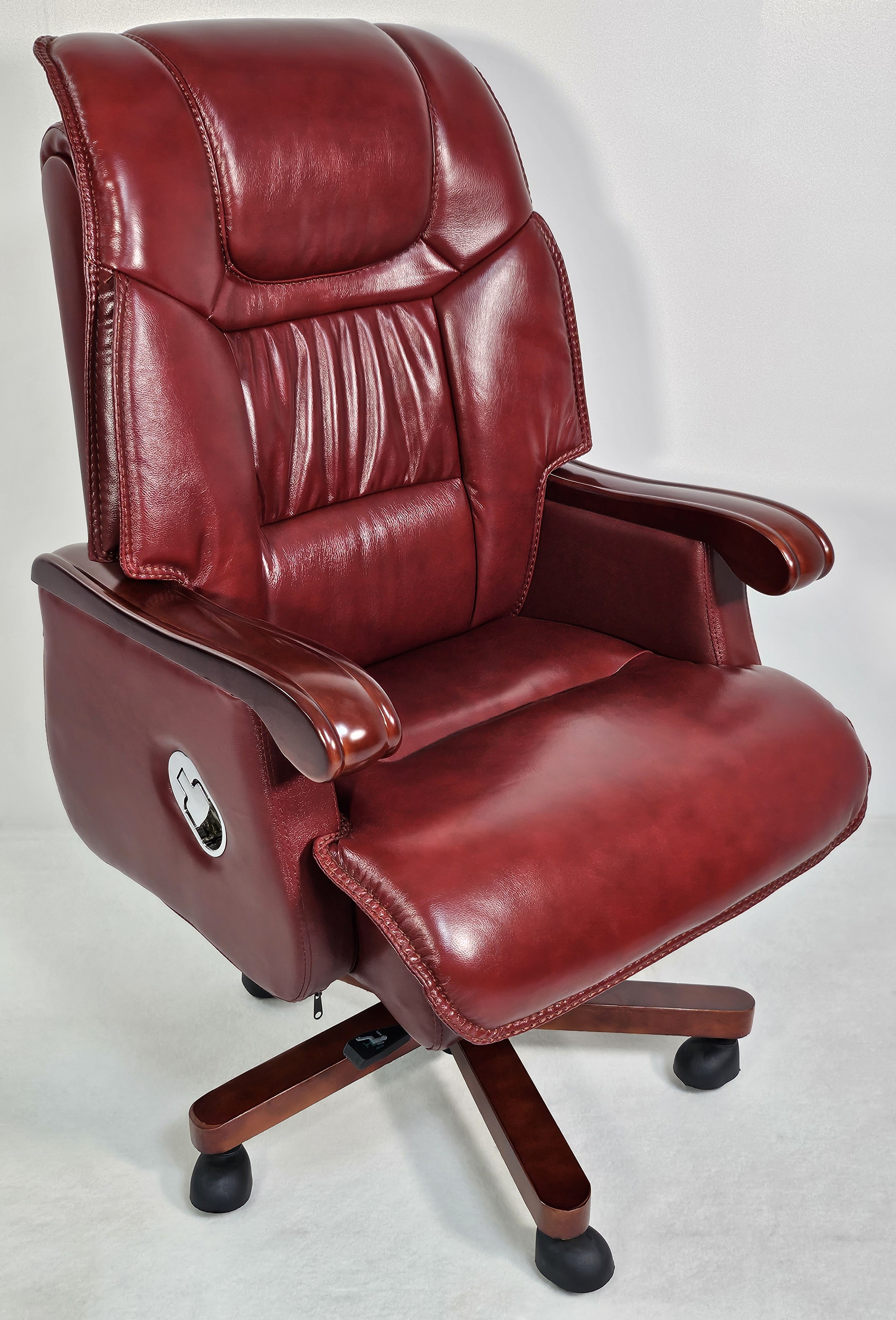 Specialising In Genuine Burgundy Leather Executive Reclining Office Chair with Walnut Arms - 893 North Yourkshire