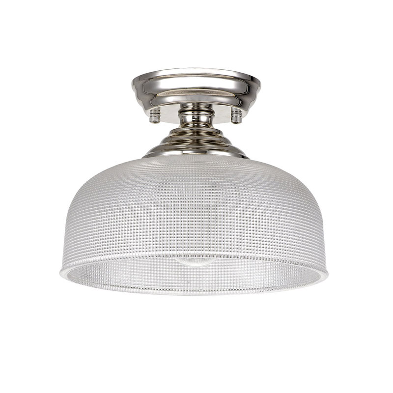 Luxuria Sirius Flush Ceiling Light E27 With Round 26.5cm Prismatic Effect Glass Shade Polished Nickel/Clear