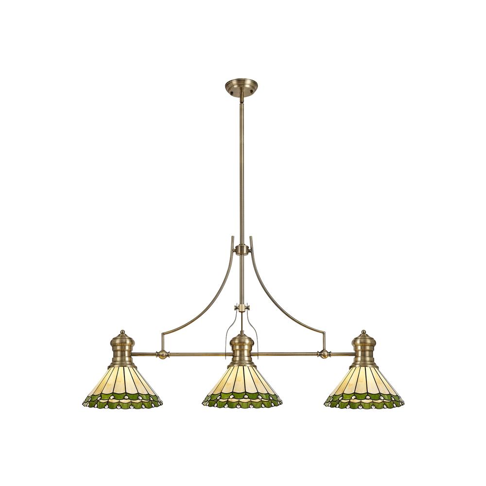 Luxuria Sleek 3 Light Linear Pendant E27 With 30cm Tiffany Shade Antique Brass Green Cream Crystal