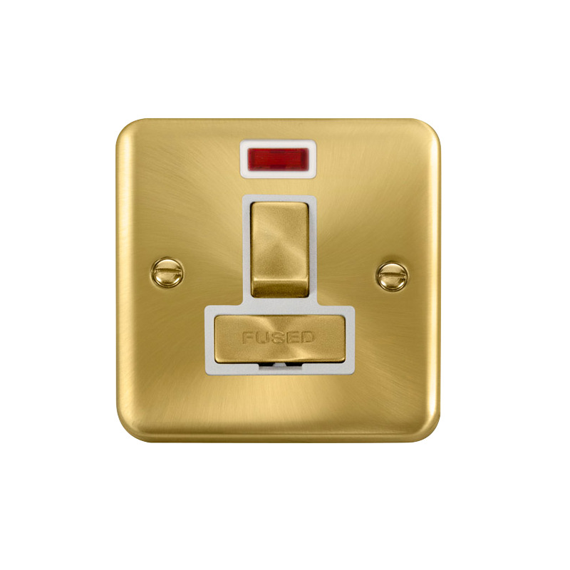 Click Deco Plus Switched Fused Spur Satin Brass White Inserts Neon Light