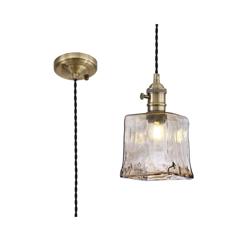 Luxuria Alaskan Switched Pendant 1.5m E27 Antique Brass / Black Twisted Cable / Brown Square Glass