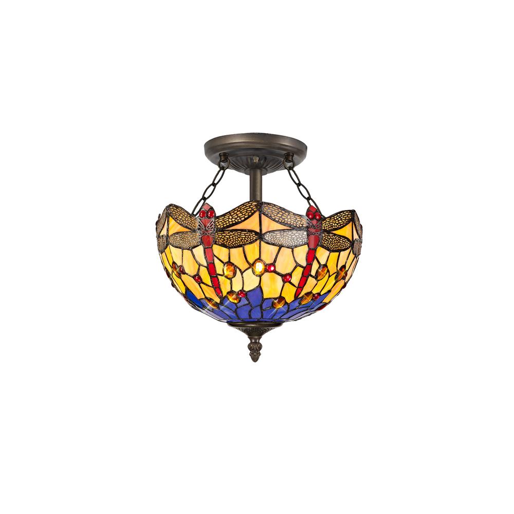 Luxuria Broadway 2 Light Semi Flush E27 With 30cm Tiffany Shade Blue/Orange/Crystal/Aged Antique Brass