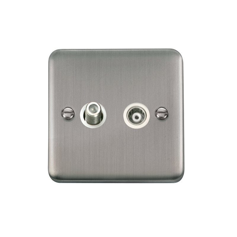 Click Deco Plus Twin Isolated Satellite & Isolated Coaxial Outlet Stainless Steel White Inserts