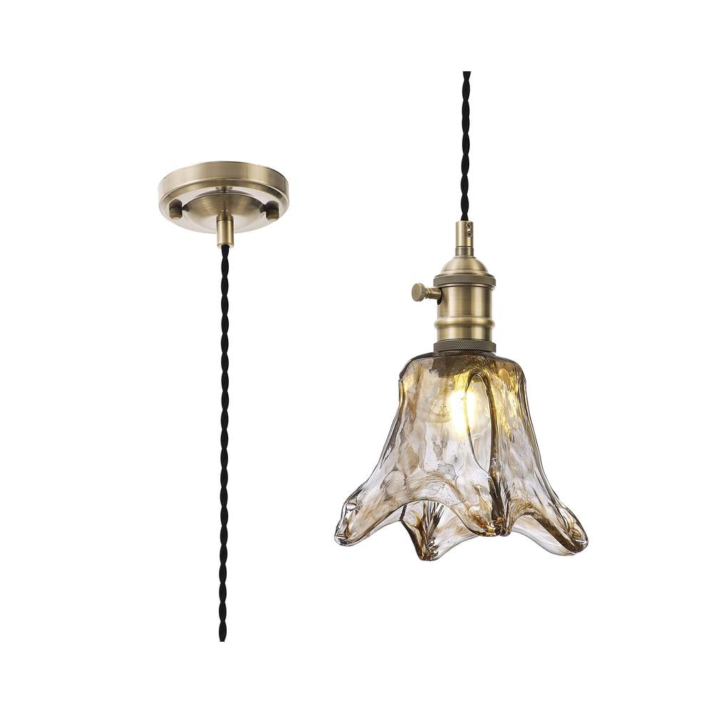 Luxuria Alaskan Switched Pendant 1.5m E27 Antique Brass / Black Twisted Cable / Brown Flower Glass