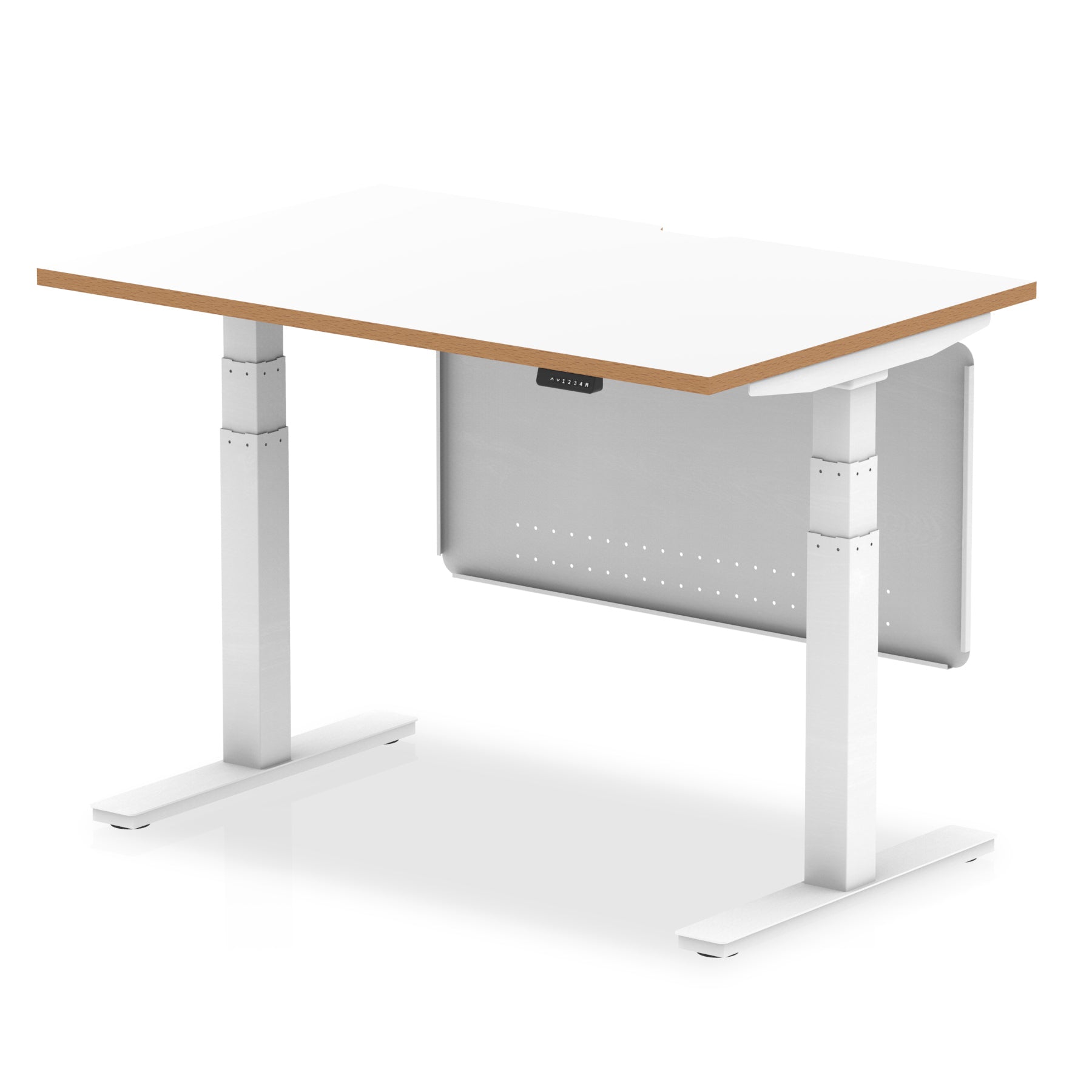 Specialising In Oslo Air Height Adjustable Desk White Top Natural Wood Edge White Frame with White Steel Modesty Panel - 1200mm, 1400mm, 1600mm North Yourkshire