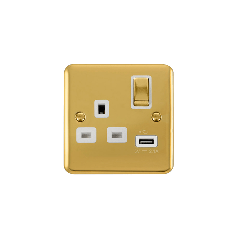 Click Deco Plus 13A Ingot 1G Switched Socket Outlet With USB Outlet Polished Brass Insert White