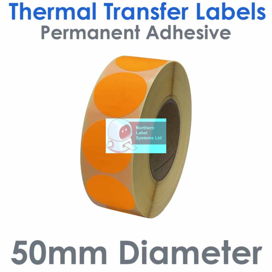 050DIATTNPO1-2000FL, 50mm Diameter Circle, FLUORESCENT ORANGE, Thermal Transfer Labels, Permanent Adhesive, 2,000 per roll, FOR LARGER LABEL PRINTERS