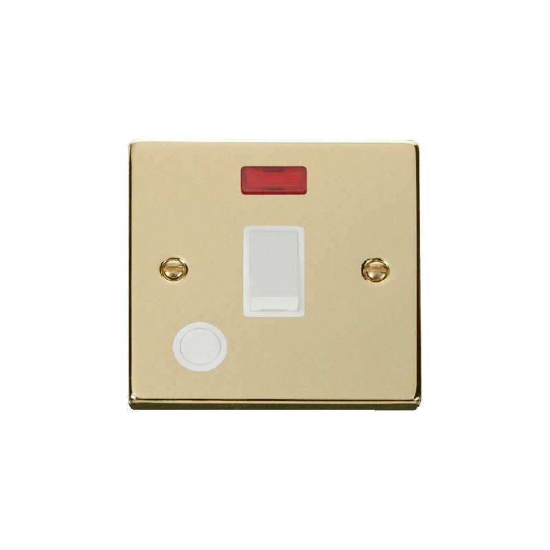 Click Deco 20A 1 Gang DP Switch with Flex Outlet and Neon Polished Brass Insert White