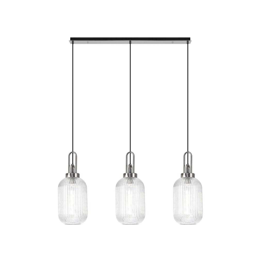 Luxuria Kennith Linear 3 Light Pendant E27 With 20cm Tubular Ribbed Glass Clear Polished Nickel/Matt Black