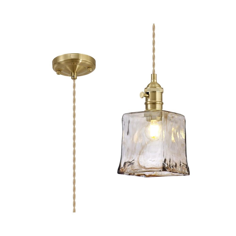 Luxuria Alaskan Switched Pendant 1.5m E27 Brass / Pale Gold Twisted Cable / Brown Square Glass